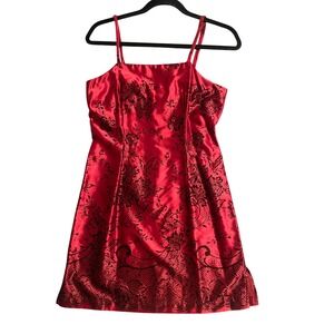 Younique Slip Dress 7 Red Black Floral Flocked Satin 90s Vtg Whimsigoth Vampy